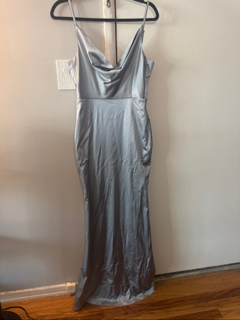 Lulu's Silver Satin Cowl Neck Spaghetti Strap Maxi